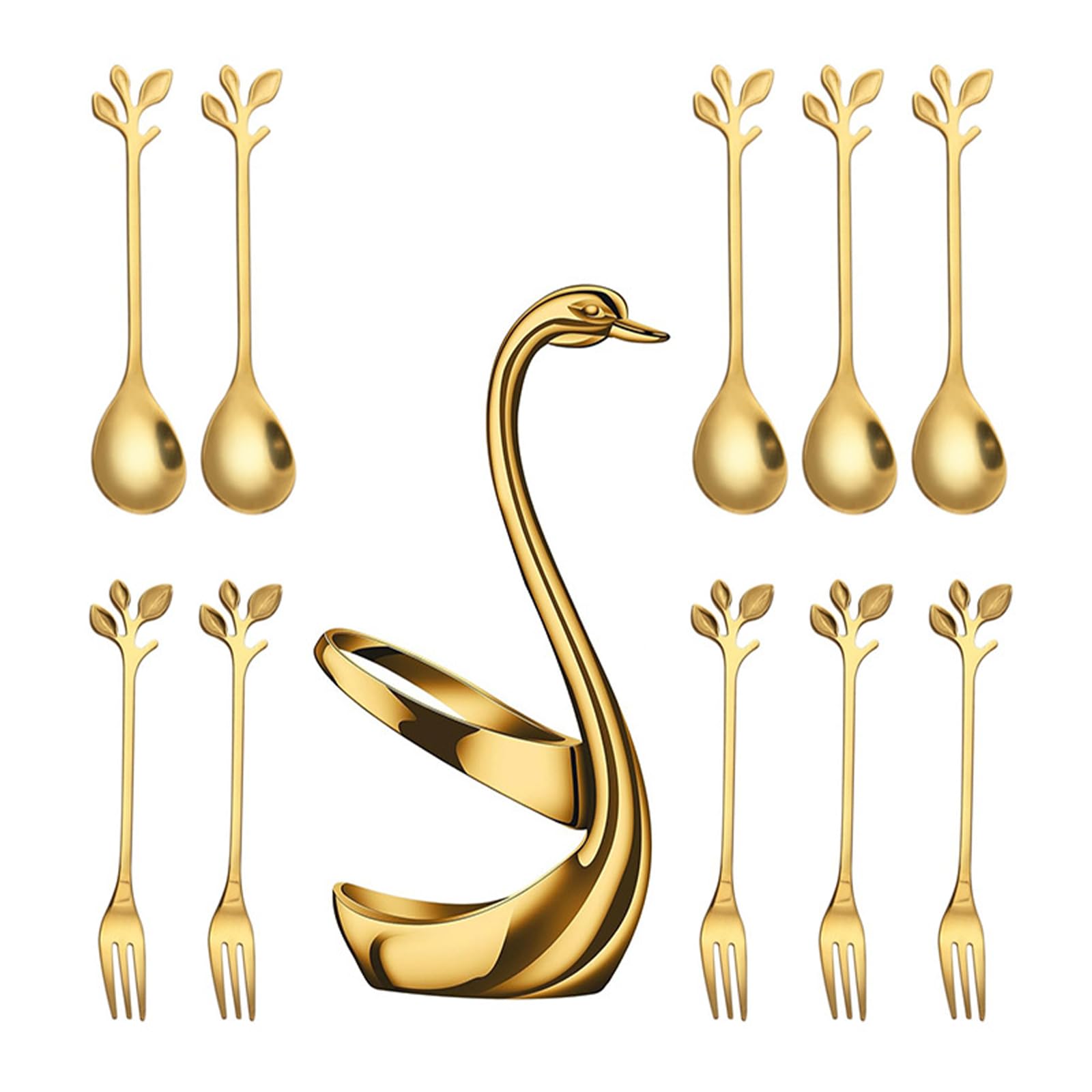 HZBB Of 1 Stainless Steel Dessert Spoon Fruit Fork Pack Artistic Cygnet Holder Stand Kitchen Cutlery for Table Decors Kitchen Utensils