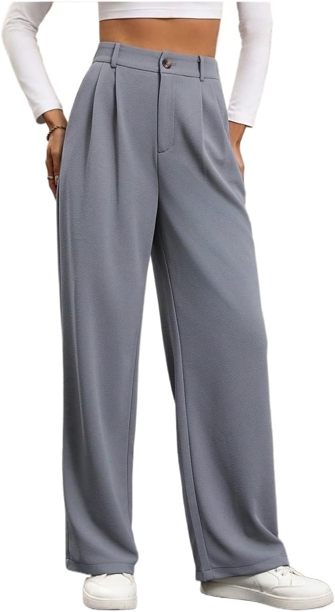 Women Casual Plain Color Pleated Trousers Work Pants