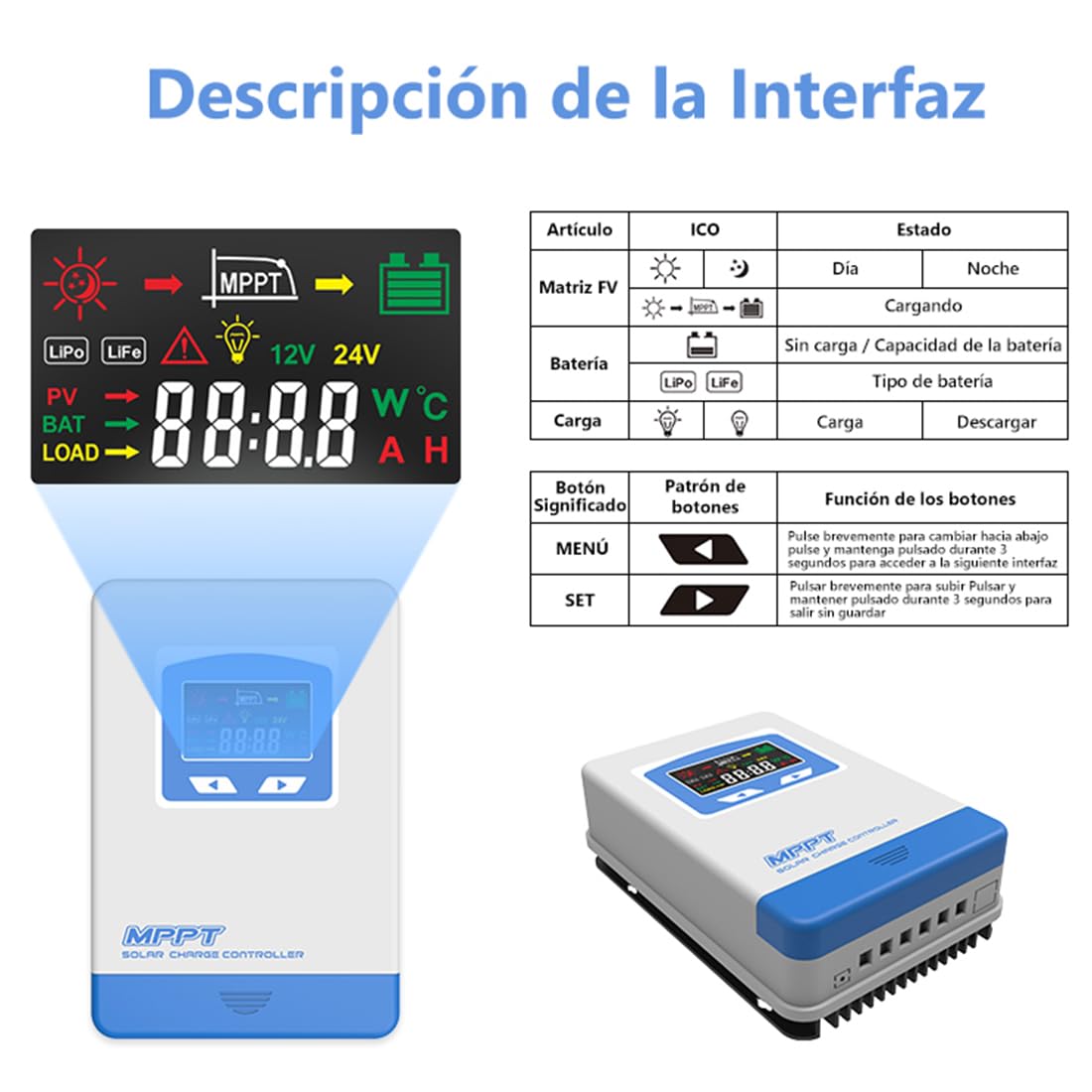 Anern Regulador de Carga Solar MPPT 40A 12/24V Auto Entrada FV MAX 100V,40A Controlador Solar Mppt Para 12V 24V Plomo ácido y Litio Baterías etc