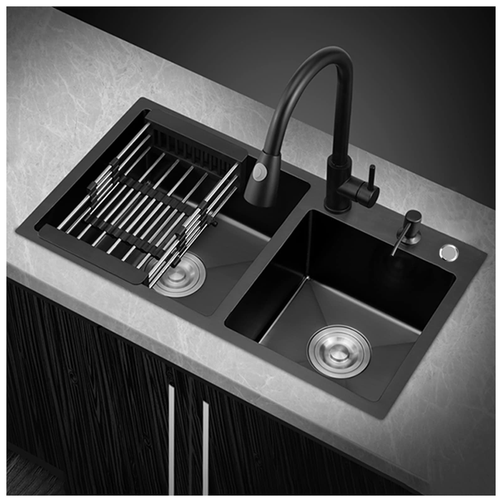ZQFHSX 304 Stainless Steel Black Bar Sink Square Nano Kitchen RV With Faucet & Drain Top Mount Or Undermount (Color : Black-c, Size 80x45x22cm)