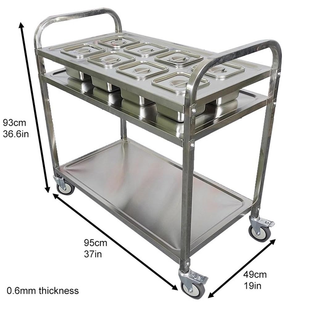XPLKQXE Carrello per Spezie in Acciaio Inox con 8 Vaschette per Alimenti | Tavolo Da Lavoro Mobile A 3 Ripiani Con Ruote Bloccabili, Acciaio Inox Spessore 0,6 Mm(95x49x93cm)