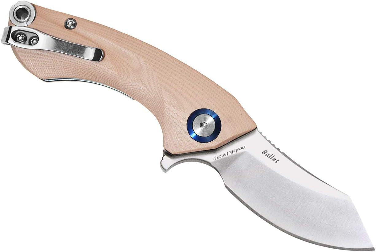 Harnds Ballet Folding Knife with Sandvik 14C28N Blade Camping Pocket Knife with Deep Carry Pocket Clip G10 Handle Flipper Open Liner Lock EDC (champagne)