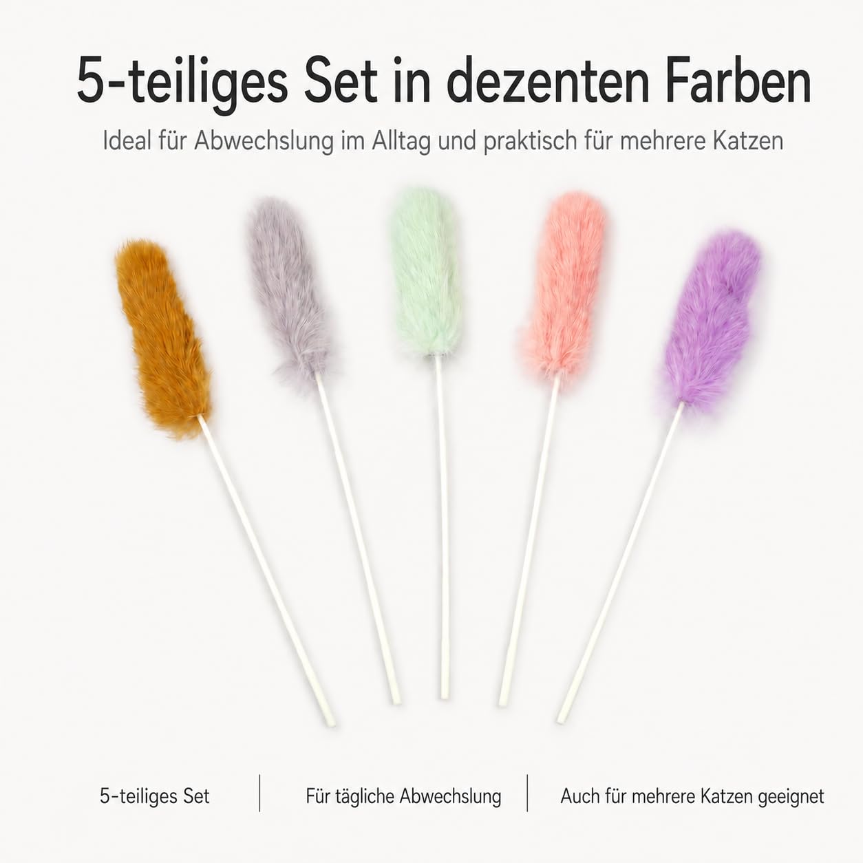 Katzenspielzeug Set – 5X Katzenangel mit echtem Hasenfell – Handgefertigte Spielangel für Katzen – Weiches Federspielzeug für Jagdspaß – Interaktives Spielzeug für Hauskatzen