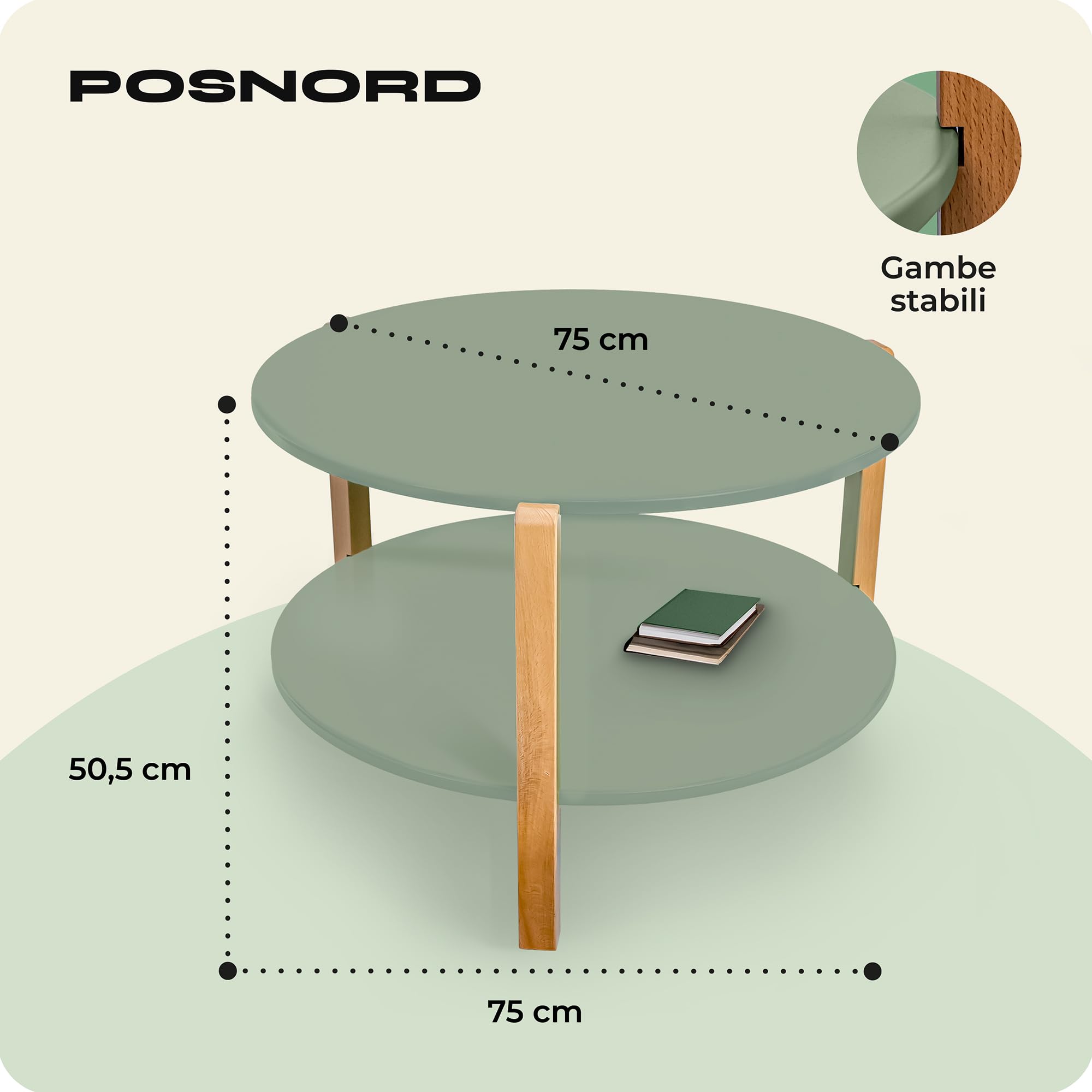 Tavolino Salotto Moderno Rotondo Ø 75 cm, Tavolino da Caffè con Ripiano, Gambe in Legno di Faggio, Tavolo Design Scandinavo per Soggiorno e Ufficio, Coffee Table Verde Oliva