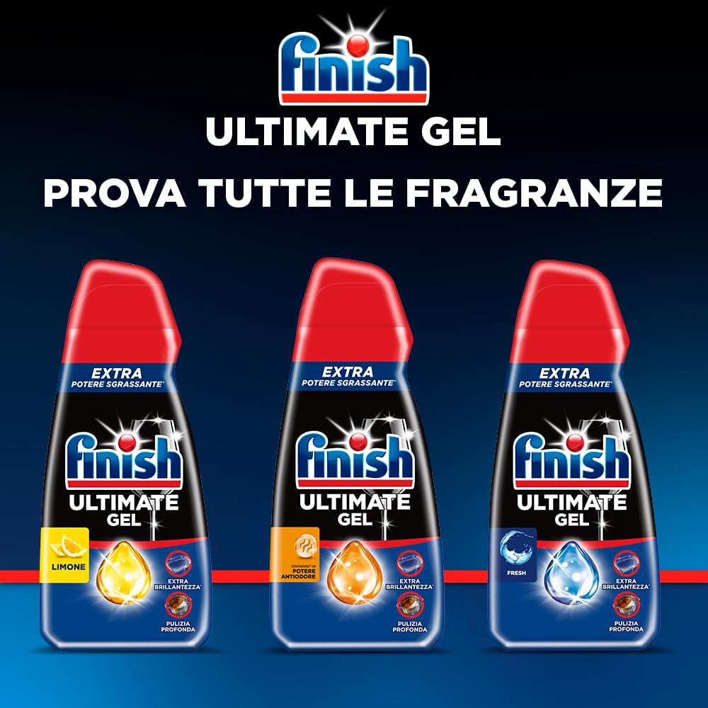 Finish Ultimate Gel, Detersivo per Lavastoviglie, 120 Lavaggi, 4 confezioni da 30 Lavaggi, Fresh, Extra Potere Sgrassante, Extra Brillantezza, Pulizia Profonda
