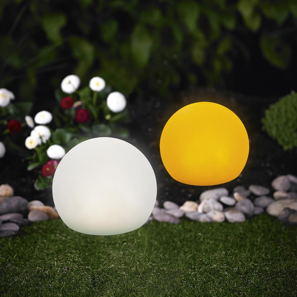 MeLiTec Solar Gartenleuchte Stein LK14 Kugel 2er Set RGBW Farbwechsel weiß & bernstein Solarleuchte Garten dekorative Bodenleuchte IP44 bis 8h Leuchtdauer 24 cm