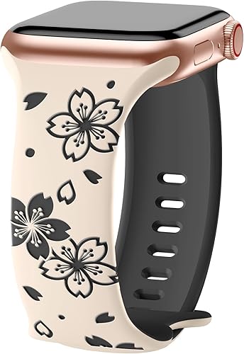TreasureMax Correa deportiva de silicona suave con grabado floral de diseñador compatible con Apple Watch de 1.575 in, 1.496 in, 1.614 in, 42451.929