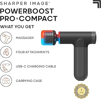 Sharper Image Powerboost Pro+ Compact Hot & Cold Percussion Massager, Dual Temperature Node for Hot and Cold Therapy, 6 Speeds, 4 Accessories, Portable Athlete Recovery