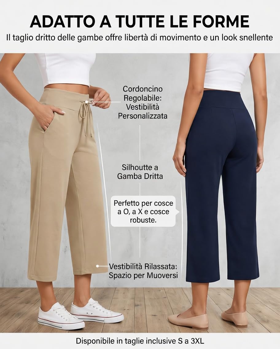 Pantaloni Capri Donna Yoga Vita Alta con Tasche, Pantaloni 3/4 Donna Estivi Elasticizzati A Gamba Larga con Coulisse, Pinocchietti Casual Leggeri per Fitness Passeggiata