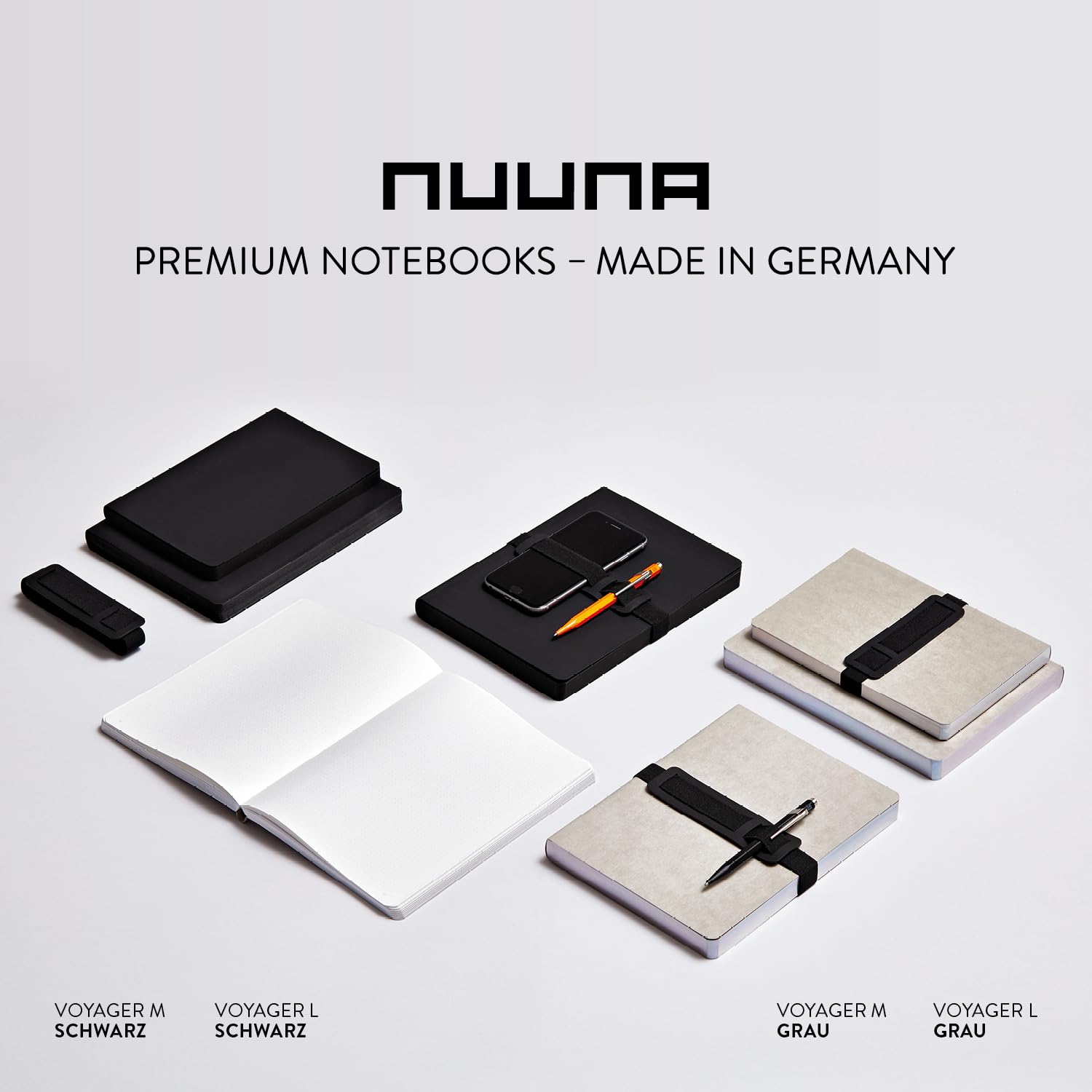 nuuna Voyager L - Taccuino A5+, a pois, 3,5 mm, 256 pagine numerate, carta premium da 120 g, materiale vegano, con supporto per penna e smartphone, prodotto in Germania
