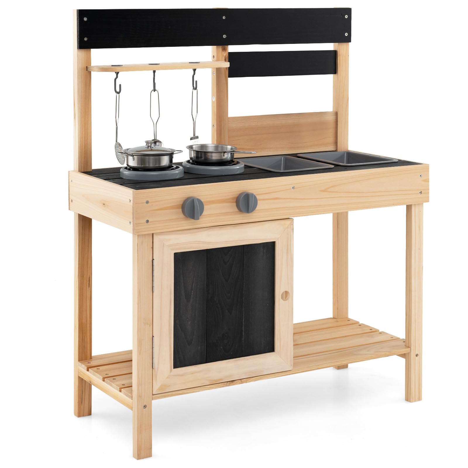 COSTWAY Cucina Giocattolo Bambini, Cucina da Esterno in Legno con 2 Lavandini Removibili, Piano Cottura e Utensili e Spazio di Archiviazione, 67 x 30 x 82 cm
