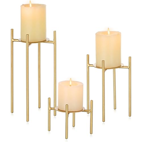 Sziqiqi Gold Pillar Candle Holders - Set of 3 Candelabra Centrepiece for Pillars Candle Stand Mini Size Christmas Decorative Metal Candles Holders for Home Mantel Dinning Table