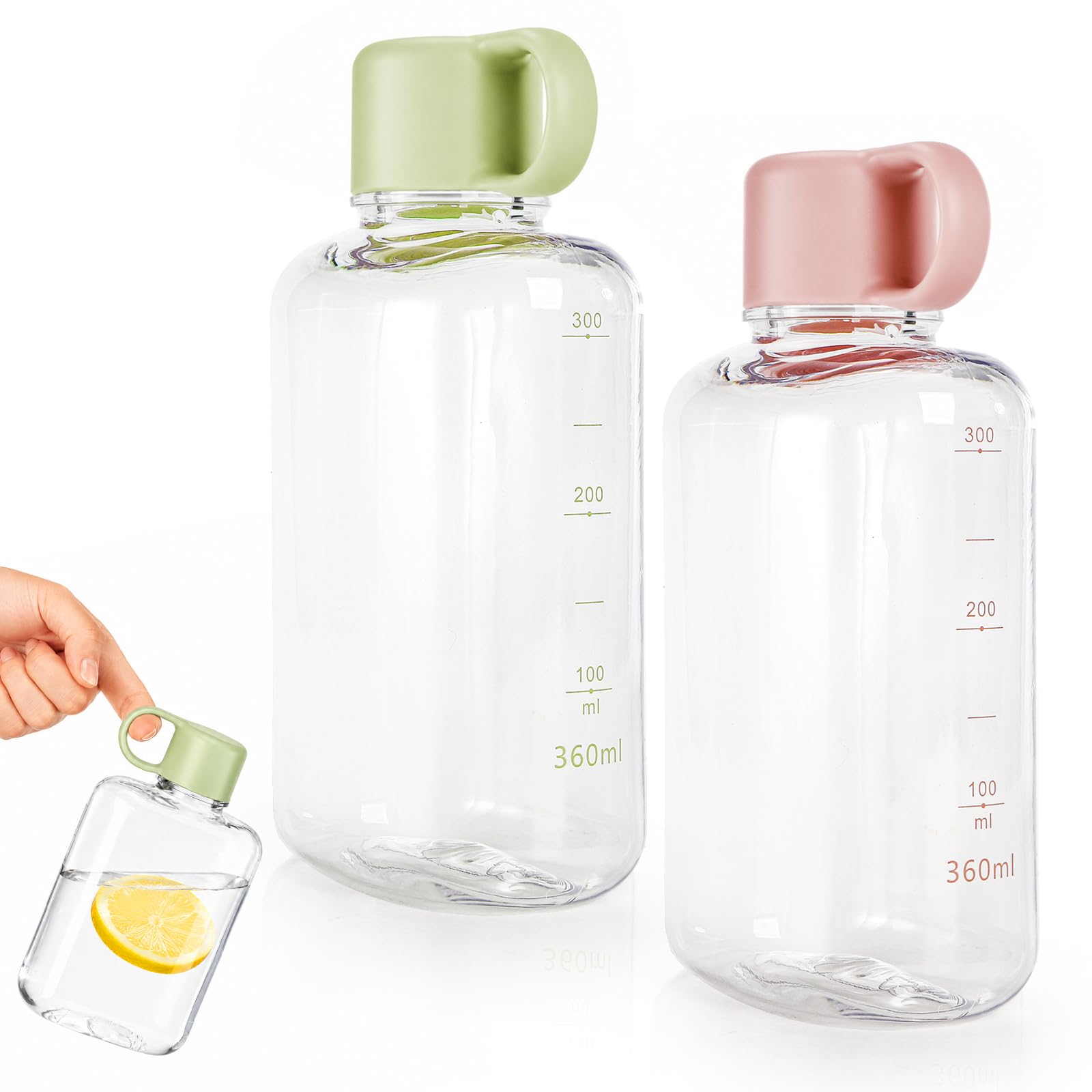 ZEAYEA 2 Pack Portable Flat Water Bottle, 350 ml /12 oz BPA Free Slim Drinking Bottle, Plastic Travel Flask for Outdoor Sports, Camping, Fitness, Gym, Fits Purse Bag Pocket