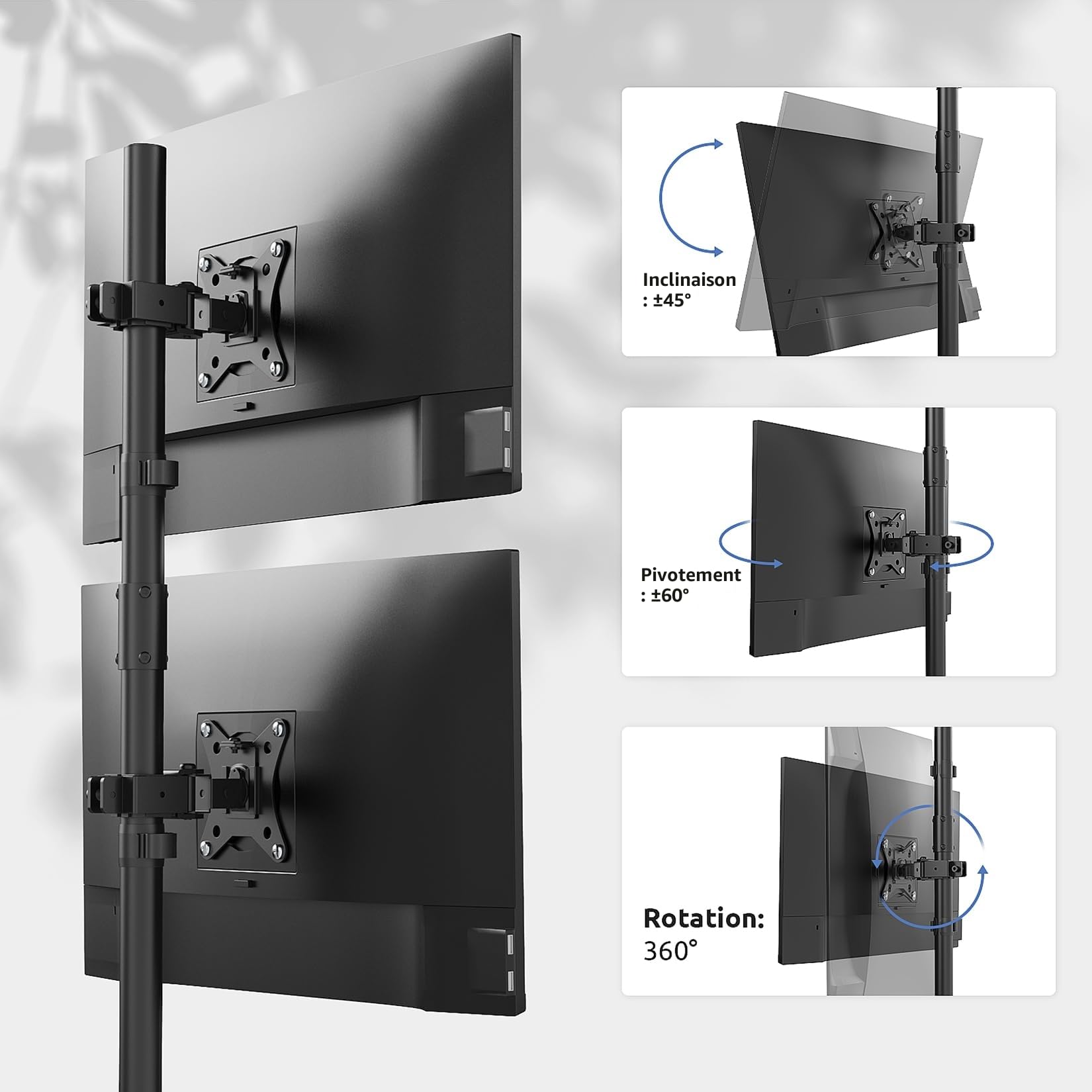 PUTORSEN Support Ecran PC 2 Ecran pour Moniteurs 17-32 Pouces, Poteau Vertical 80 cm, Charge 9 kg par Bras, Pivotant Inclinaison, VESA 75/100mm