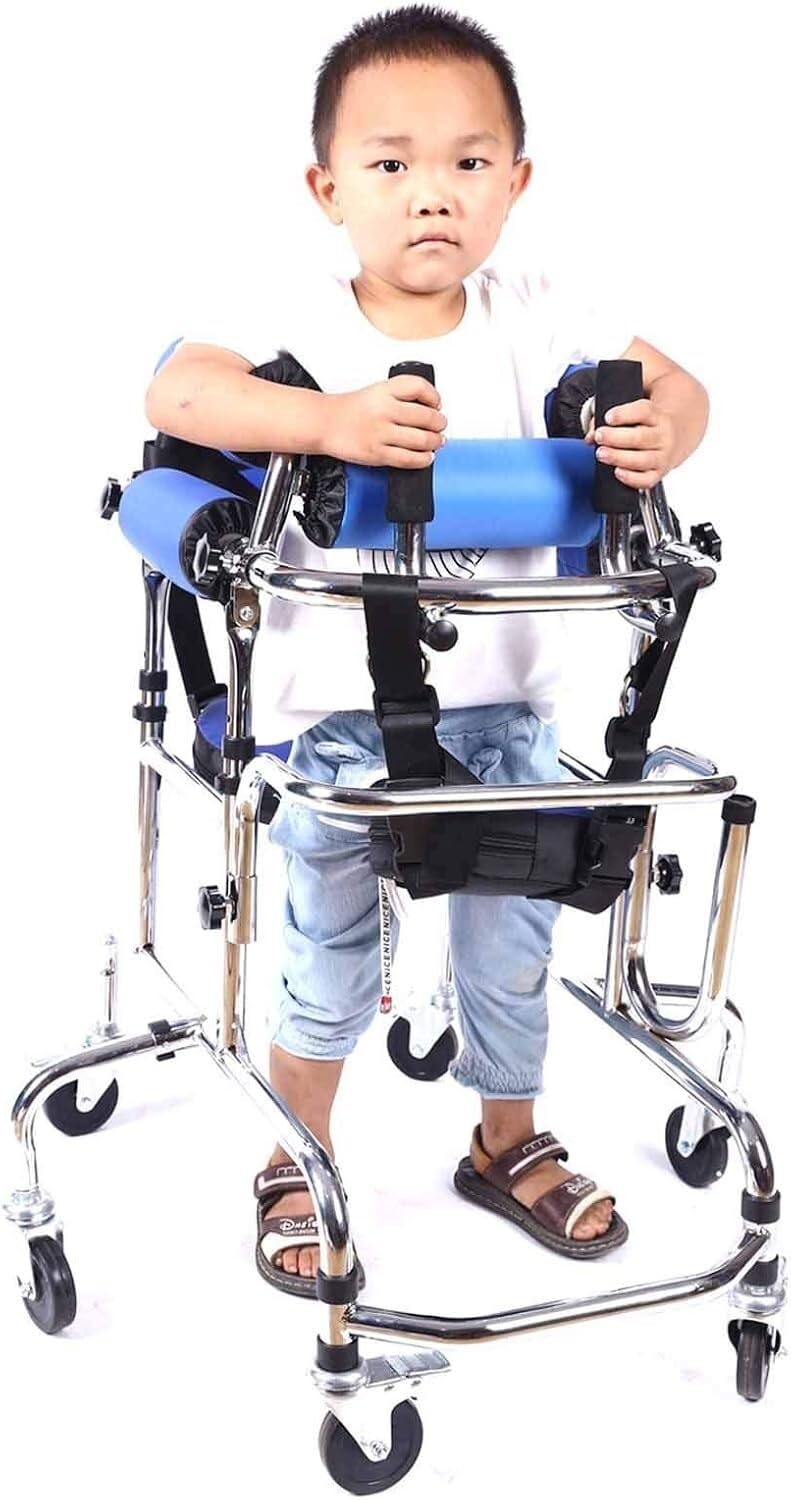 Andador de Pie Ligero Aluminio para Niños con Parálisis Cerebral – Vertical Portátil Asiento Ajustable en Altura y Soporte Corporal, Ayuda Rehabilitación para Caminar