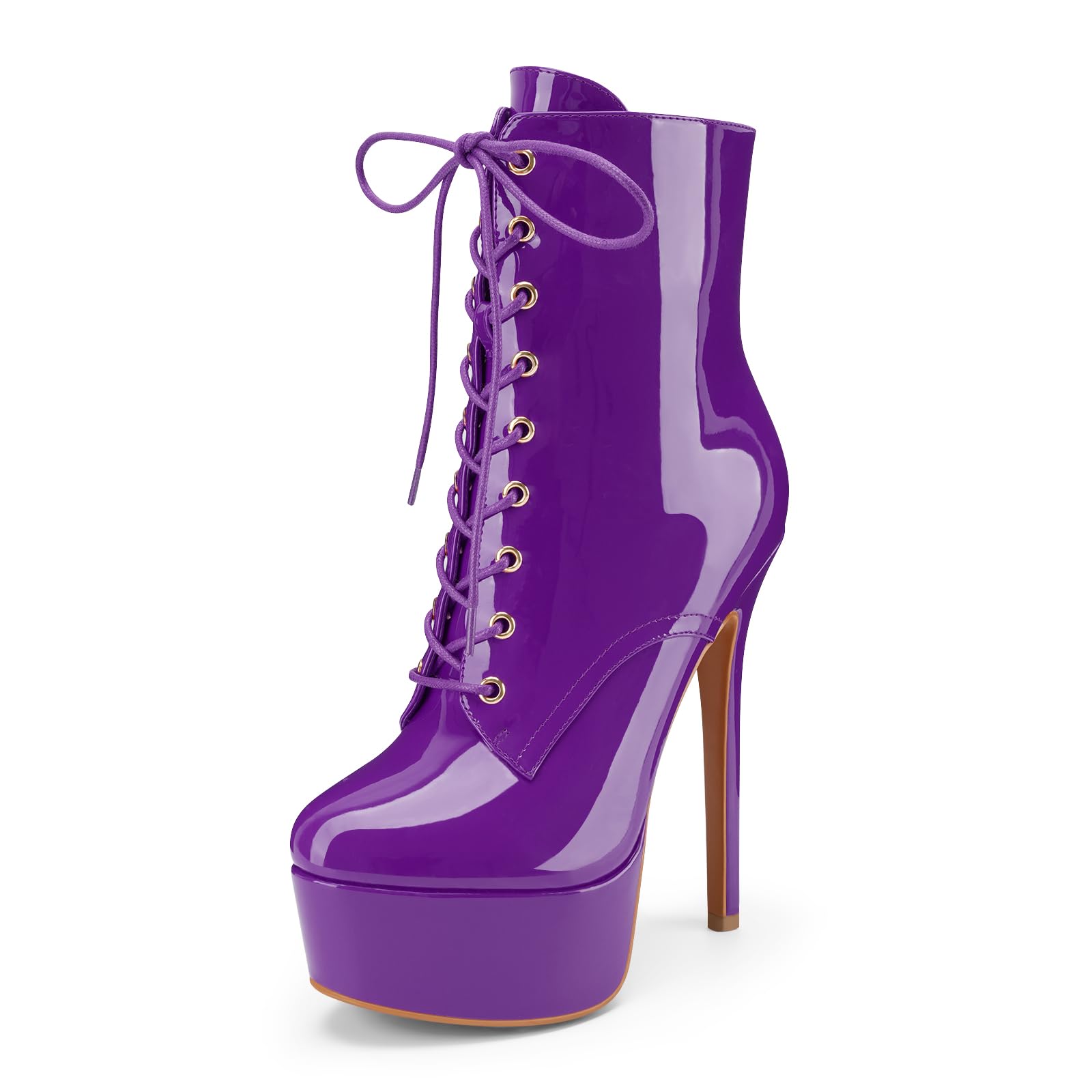 Womens Platform High Stiletto Heel Fall Ankle Boots Zipper Patent Leather Lace Up Round Toe Short Booties