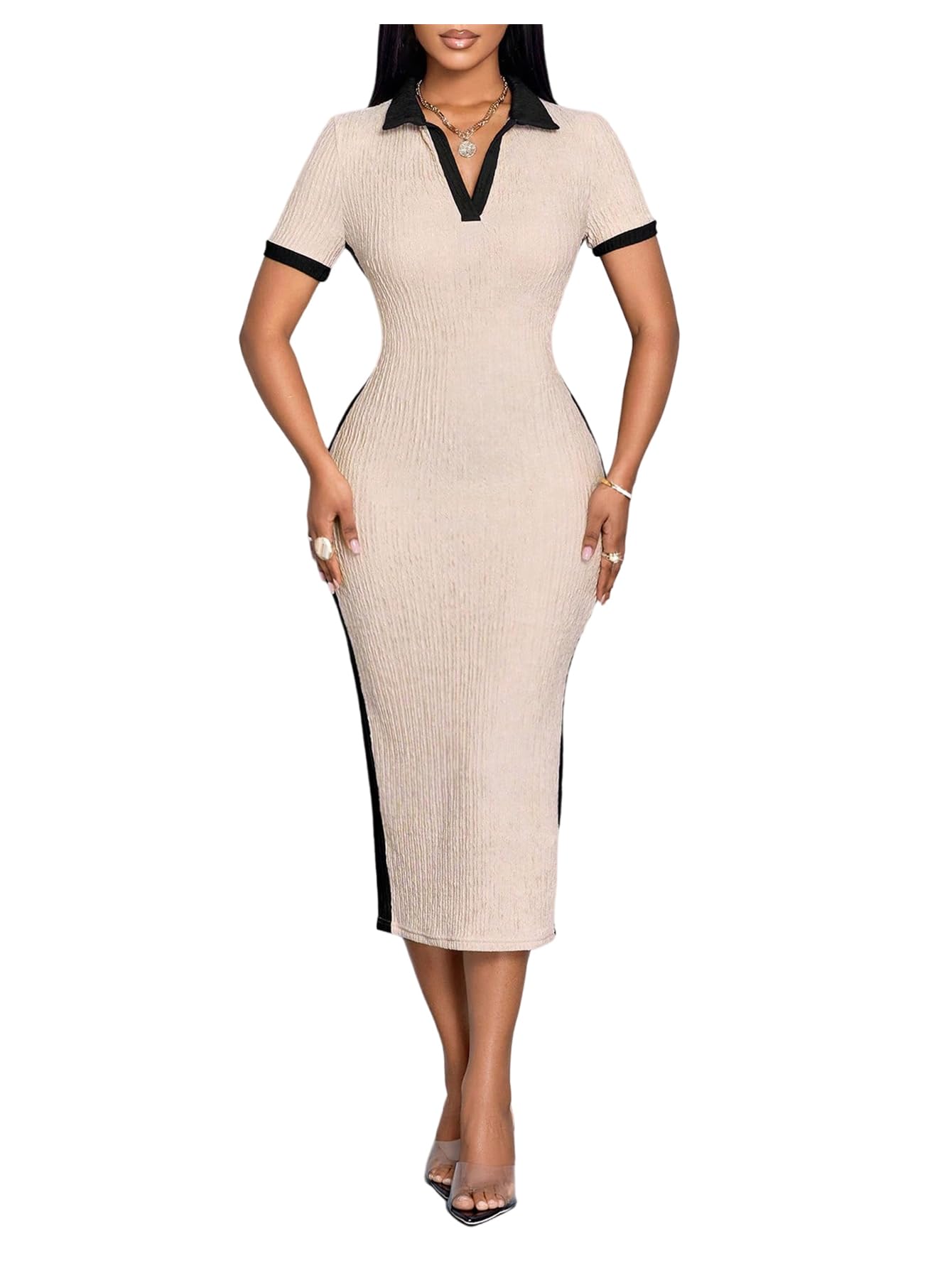 SOLY HUX Womens Color Block Midi Dress Collar V Neck Short Sleeve Bodycon Work Office Dresses