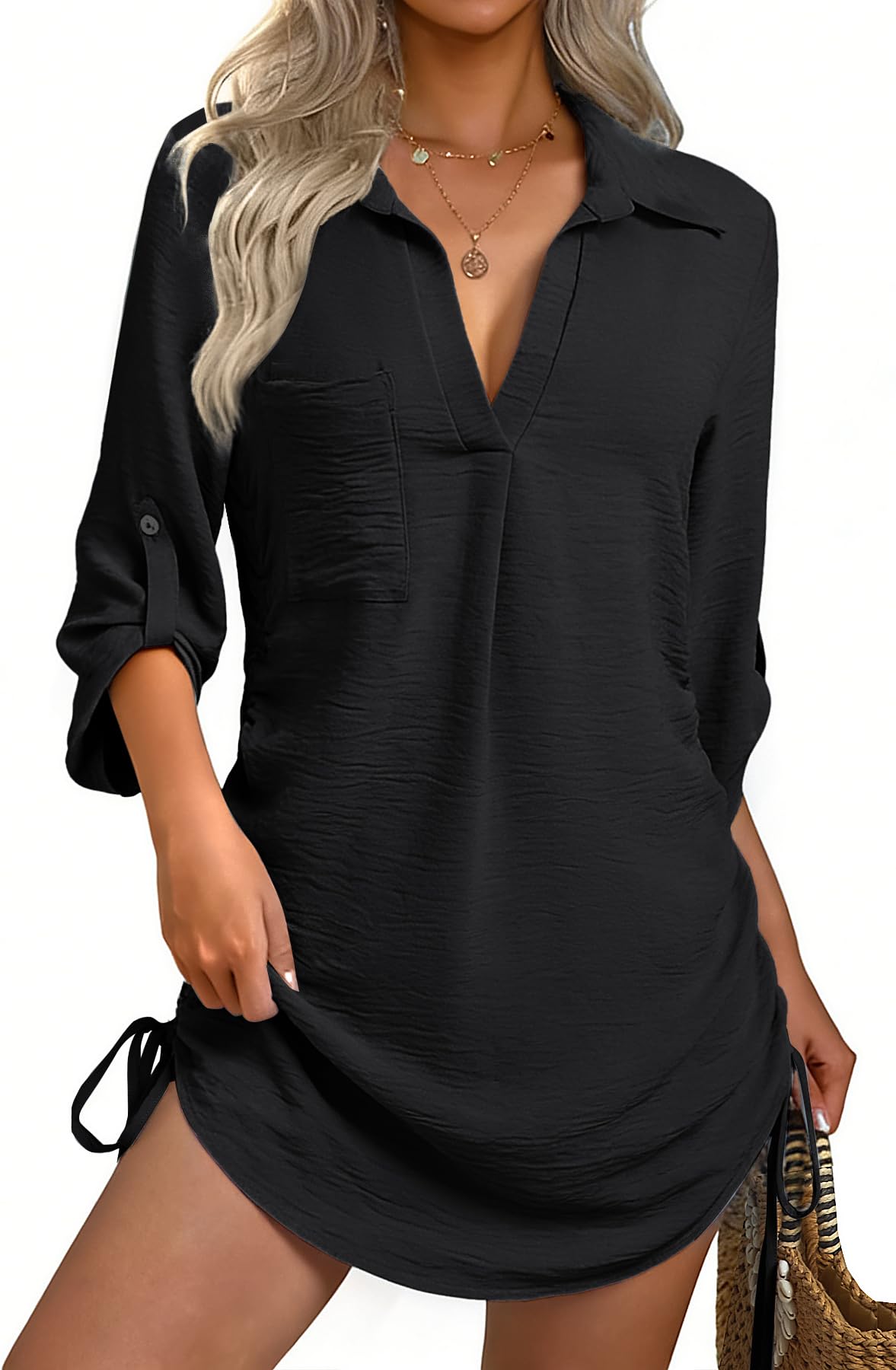 Women Swimsuit Coverup Bathing Suit Cover Ups for Swimwear Swim Summer Bikini Beachwear Drawstring Beach Dress Shirt