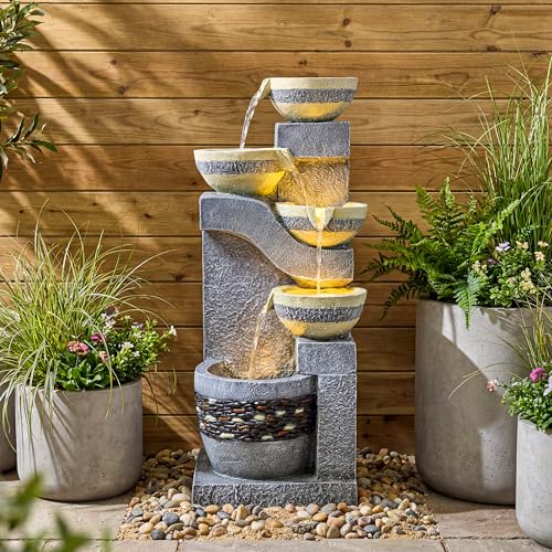 Dalxo 31-Inch Outdoor Water Fountain, 5-Tier Cascading Bowls Stacked Stone Design Resin Waterfall Fountain with 3 LED Lights, Home Art Decor for Garden, Patio, Yard, Porch, Deck or Balcony in Gray