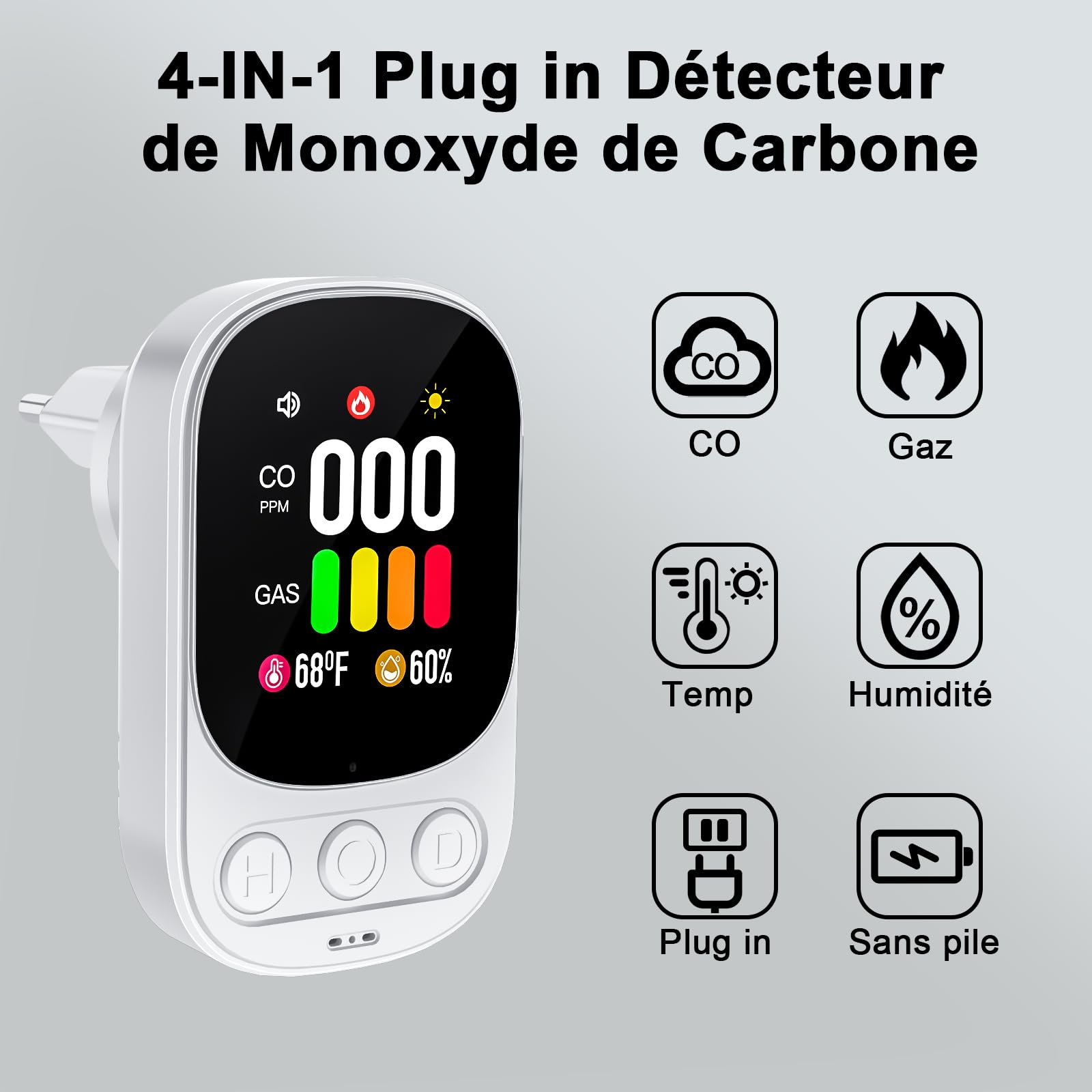 4 in 1 Plug in Detecteur Monoxyde Carbone 2-Pack(sans Piles) -Détecteur de Gaz avec Affichage Température et Humidité-Norme en 50291 - Alarme 85 DB - Blanc