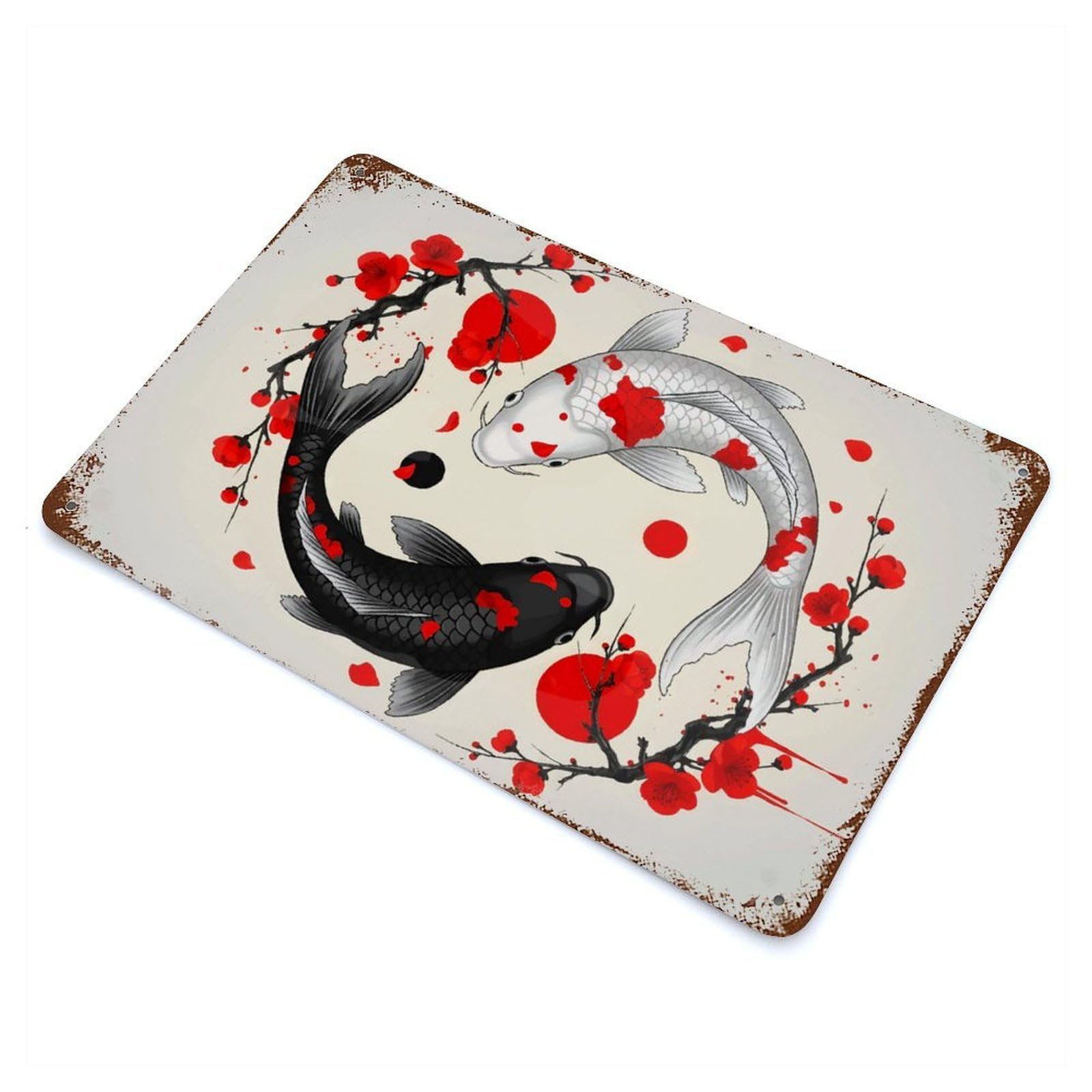 Yin Yang Koi Fish Sakura Rusty Metal Tin Sign 11.8"x7.9", Ideal for Farmhouse, Kitchen And Entryway Decor