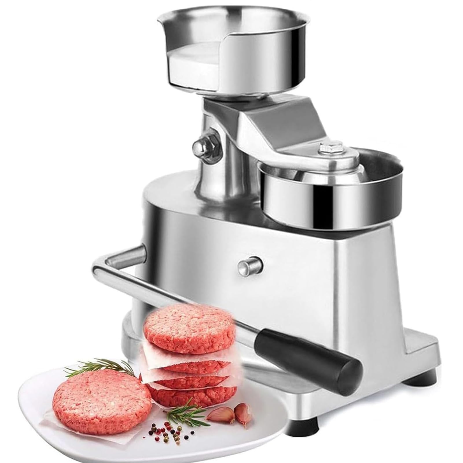 Burgerpresse Patty Maker – robuste manuelle Hamburgerpresse aus Edelstahl mit 100 Stück Wachspapier für Restaurants und Gastronomie, 11,2 cm, 12,7 cm, 15,2 cm, 15,2 cm