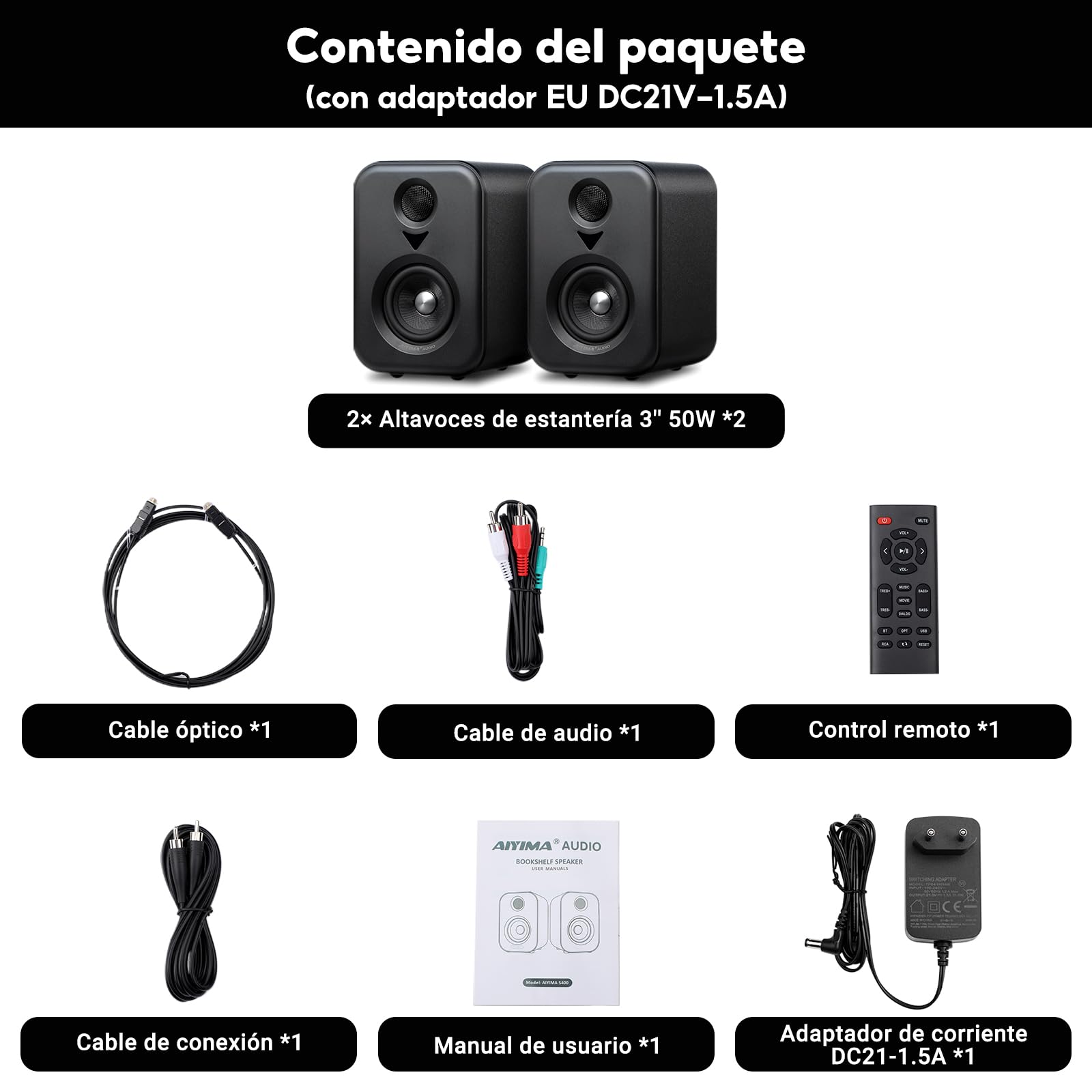 AIYIMA S400 Altavoces Activos 80 W RMS con woofer de 3", Bluetooth 5.3 | 2.0 HiFi, USB, Óptico, RCA, Sub-Out, control de agudos y graves para TV, PC y cine en casa