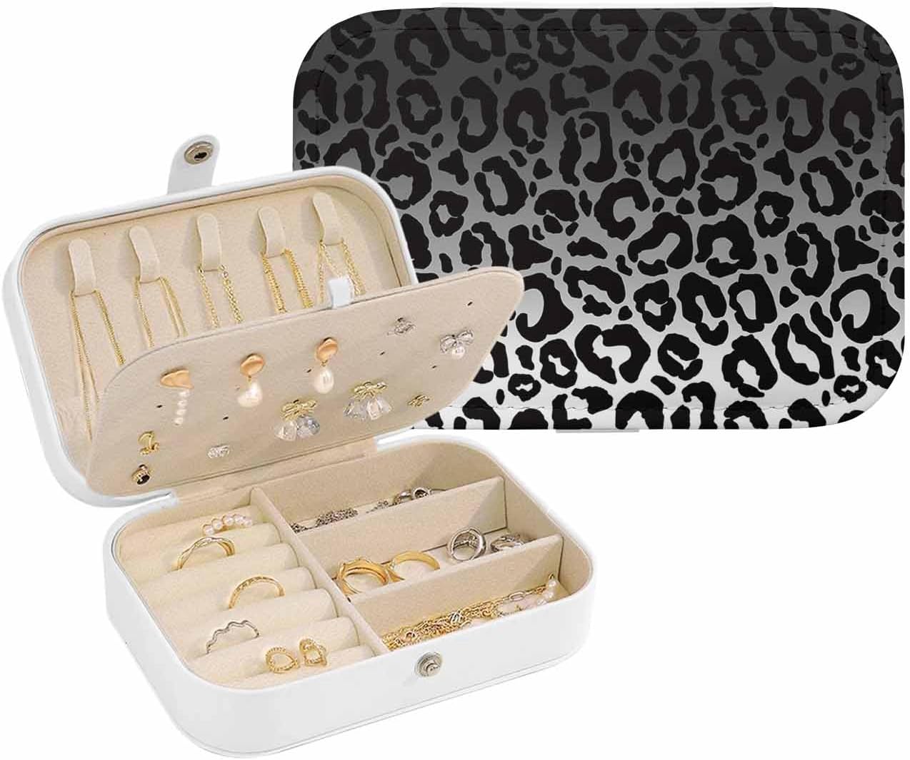 Black Ombre Leopard Jewelry Organizer and Storage Box, Portable Travel Jewelry Box for Women, PU Leather Large 6.3x4.3x2 Inches Modern Abstract Art Aesthetics Earring Necklace Storage Case