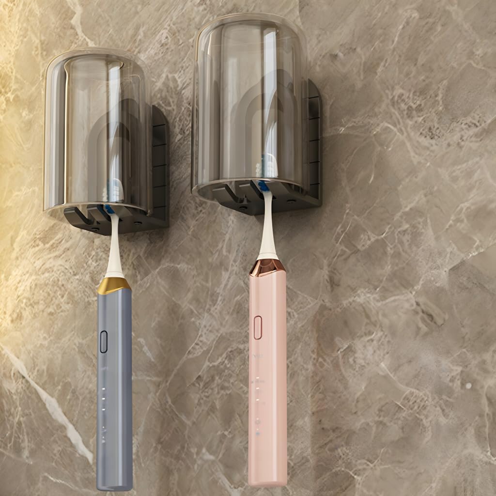 2Pcs Toothbrush Cup Holder Set – Bathroom Toothbrush Organizer with Toothbrush Cup - Self Adhesive Wall-Mounted(Black)