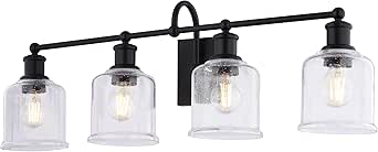VAXCEL Northbrook 4-Light 32 in. Wide Matte Black Traditional Bathroom Vanity Lighting Fixture, Clear Seeded Glass Shade, Dimmable, LED Compatible, Over The Mirror Mounted Steel Wall Sconce