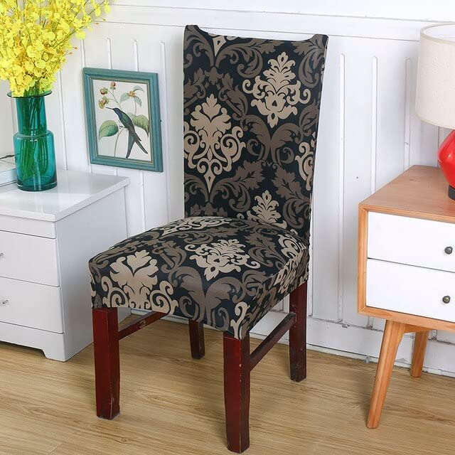 House of Quirk Elastic Chair Cover Stretch Removable Washable Short Dining Chair Cover Protector Seat Slipcover (Pack 6, Black Brown Motif),Polyester 3