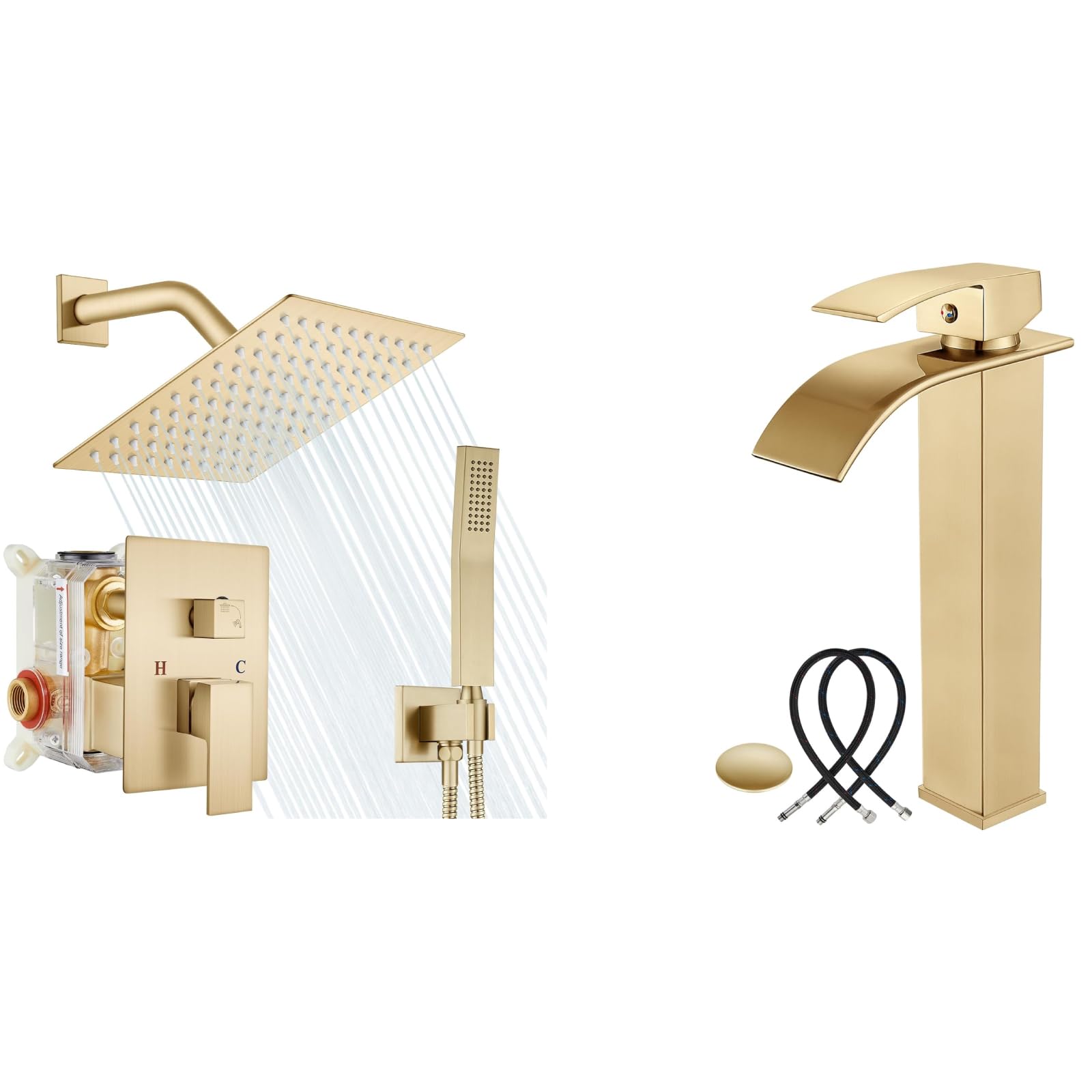 Hcfyauis Gold 8 Inch Brushed Rain Shower System Square Rainfall Showerhead With Brushed Single Handle Single Hole Waterfall Bathroom Bowl Vessl Sink Tall Faucet