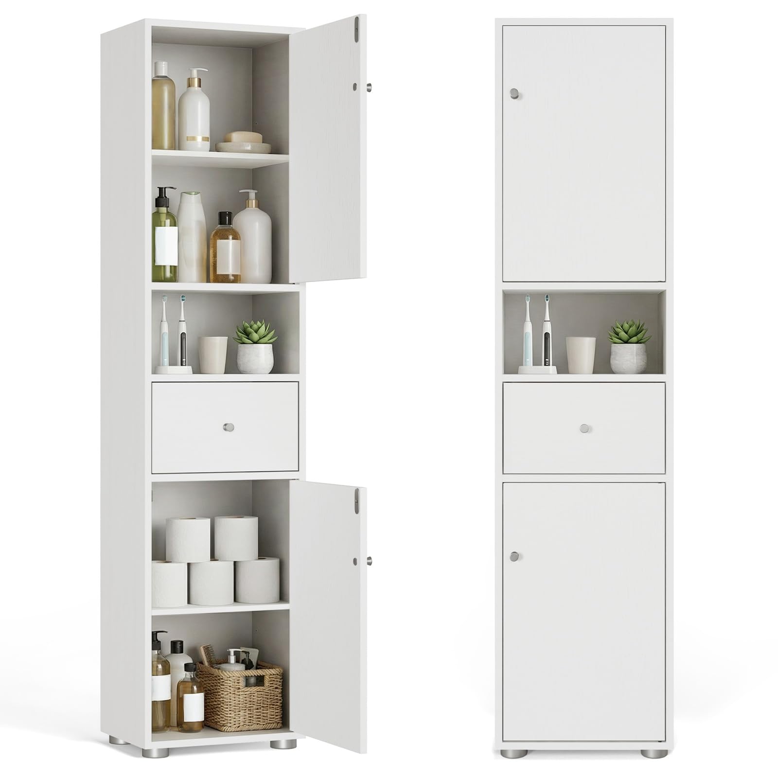 HOKEEPER Armario Estrecho y Alto para Baño, Mueble Baño Independiente con Cajón y Estanterías Ajustables