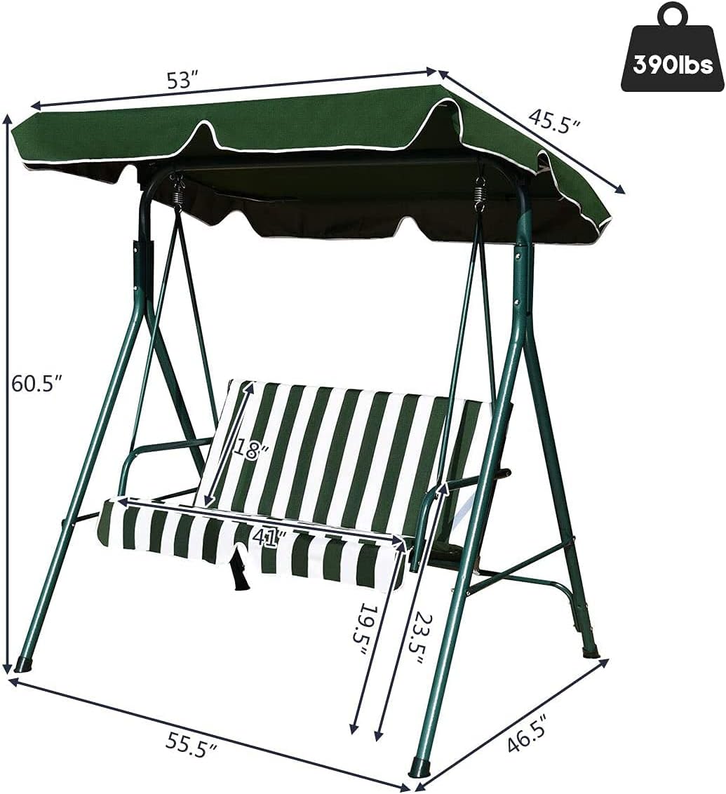 Diagram showing detailed dimensions of the patio swing chair: 55.5 inches length, 46.5 inches width, 60.5 inches height, and seat dimensions.