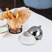 Vista 4 de Tofficu Mantequillera de cerámica con cúpula de acero inoxidable, plato redondo de mantequilla de porcelana para queso, bandeja de soporte