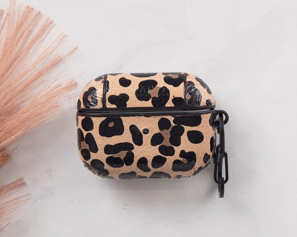 HARDISTON Genuine Leather Handmade Apple AirPods Pro - Hard Case with Keychain Clip - Support Wireless Chargers - Compatible with AirPods Pro (Leopard)