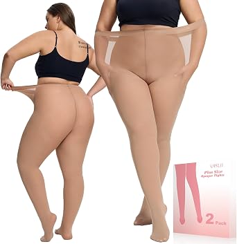 UISLII Plus Size Tights for Women,2 pairs 80D Semi Opaque Tights women,Solid Color Soft High Waist Stockings Size Up to 6XL.2 Pairs Skin