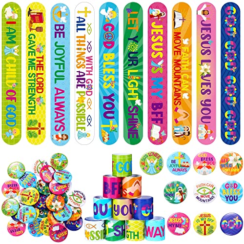 Frienda 60 Pcs Religious Gifts Christian Slap Bracelets with Badges