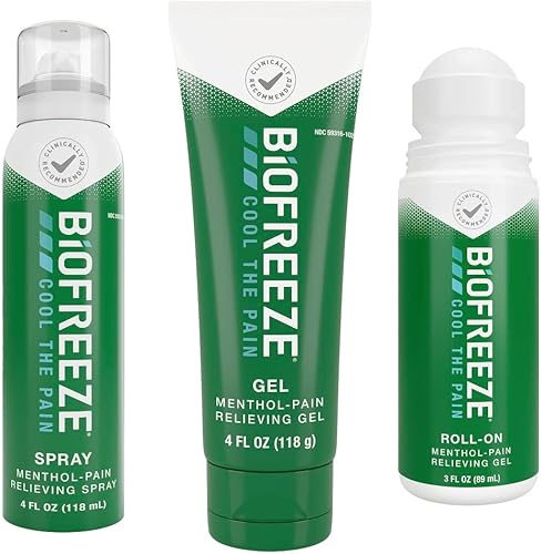 Biofreeze Alivio del dolor Roll-On de 3 onzas líquidas gel de 4 onzas líquidas y aerosol paquete variado de 4 onzas líquidas alivio del dolor tópico