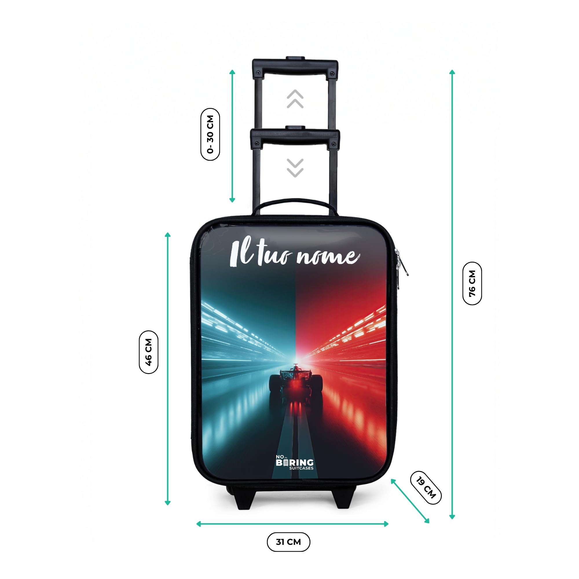 NoBoringSuitcases© Valigia Per Bambini Personalizzato Con Un Nome Bagaglio | 48x31x19 cm - Ultraleggero Trolley A Mano Rigidi LED Ruote Da Viaggio - Ragazzo - Auto corsa - Illuminazione - Neon