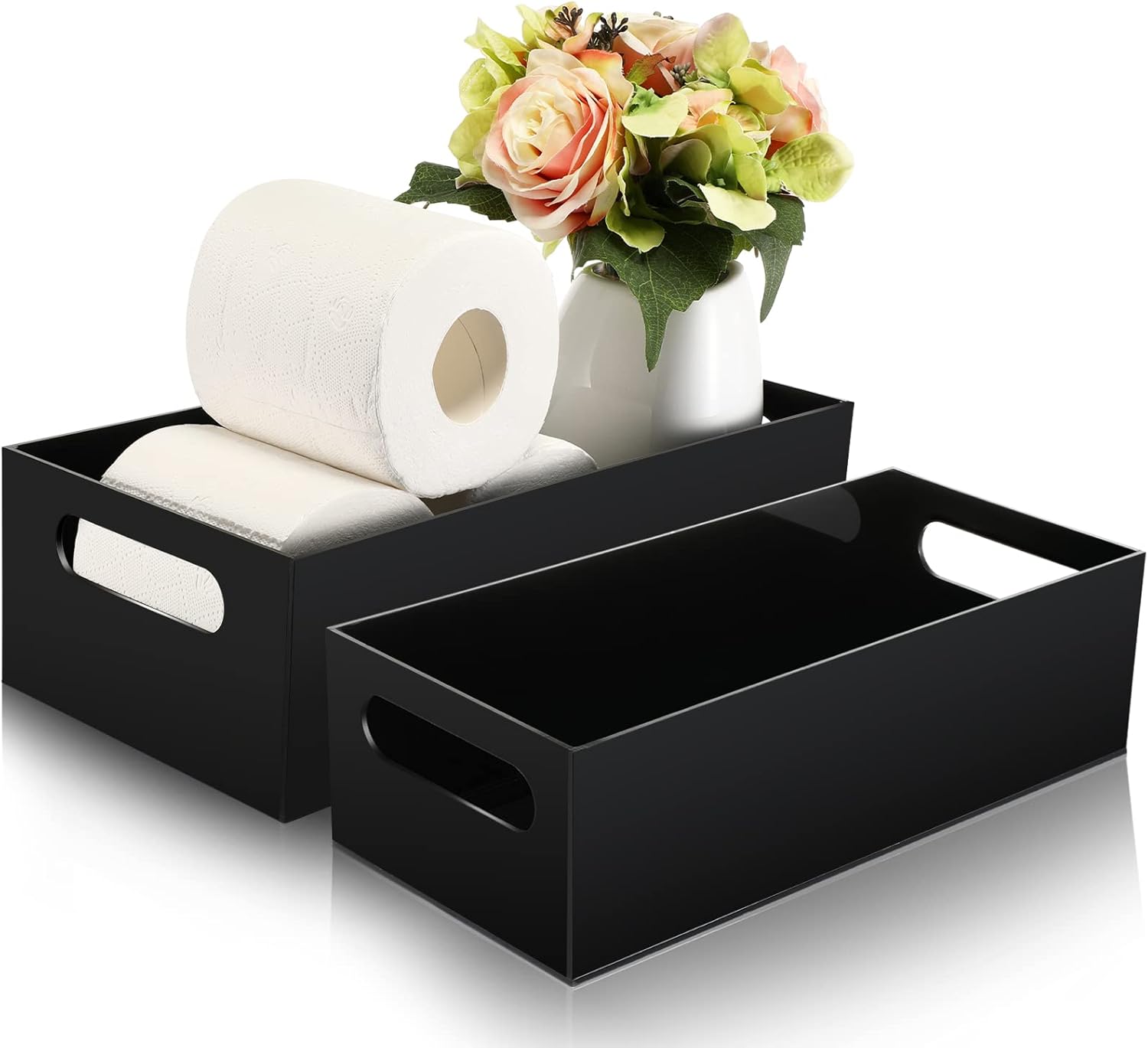 2 Pieces Acrylic Toilet Paper Tray Toilet Tank Tray with Handles 2 Sizes Black Bathroom Tray