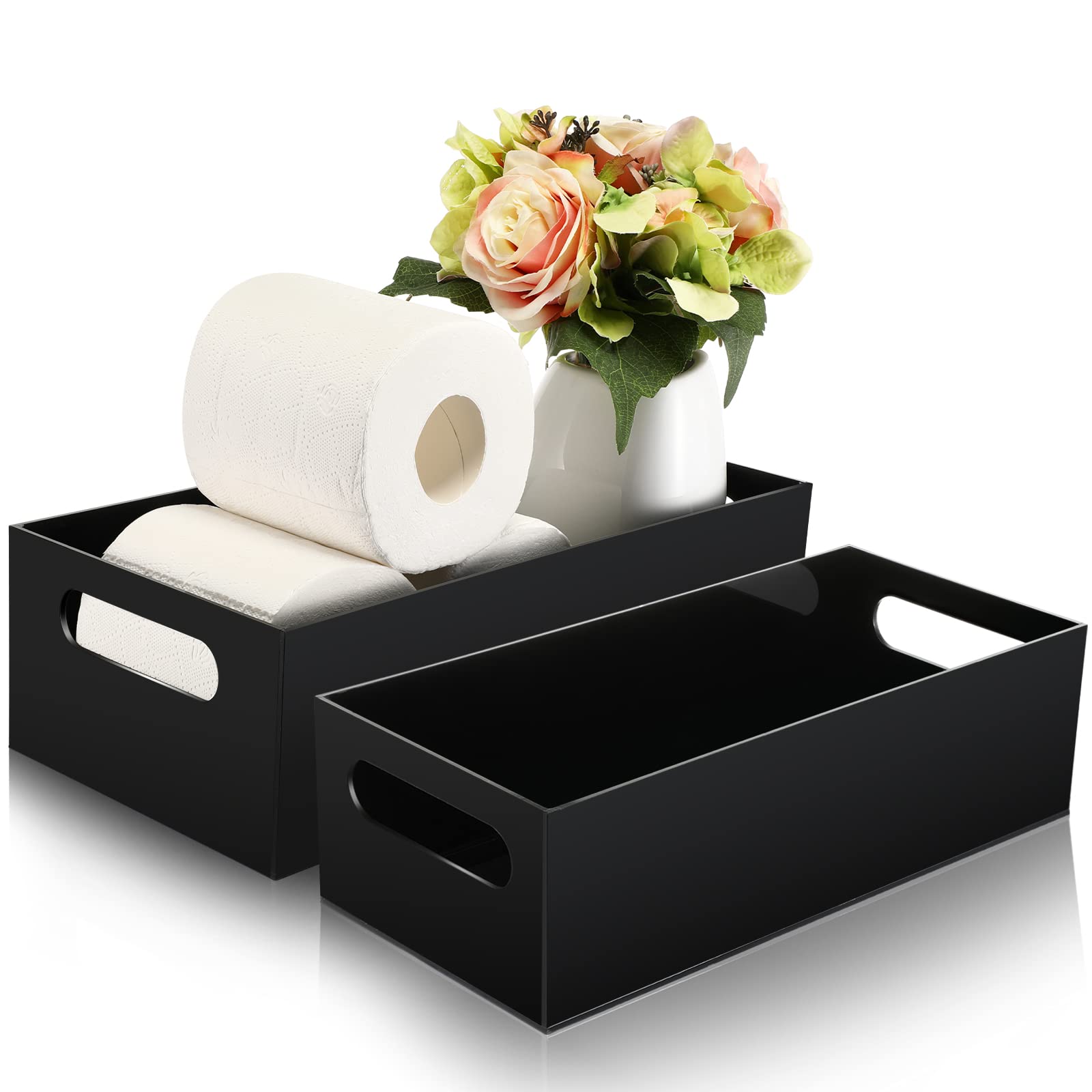 2 Pcs Toilet Tank Tray for Bathroom Toilet Paper Basket with Storage Black Acrylic Toilet Tank Tray with Handles 2 Sizes Toilet Paper Holder for Bathroom Kitchen Table Counter Home Decoration