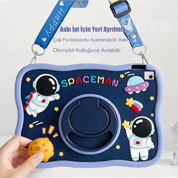 Coverzone Samsung Galaxy Tab S10 Lite ile Uyumlu Kılıf 360 Derece Döner Stand Yatay Dikey Kullanılabilir, Kawaii Askılı Tasarım Kalem Yuvası Özellikli Sevimli Space-Man Tasarımı