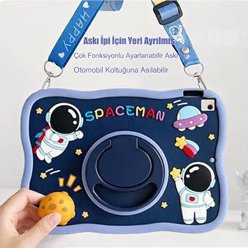 Coverzone Samsung Galaxy Tab S10 Lite ile Uyumlu Kılıf 360 Derece Döner Stand Yatay Dikey Kullanılabilir, Kawaii Askılı Tasarım Kalem Yuvası Özellikli Sevimli Space-Man Tasarımı