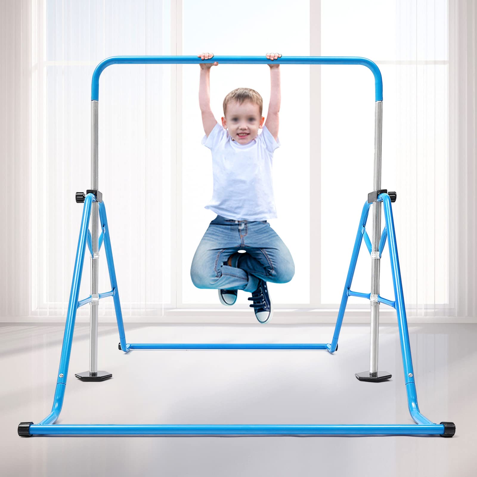 MBUYI Barra de gimnasia para niños con barra horizontal plegable ajustable, gimnasia para niños en interiores, sistema de estiramiento para el hogar, equipo de entrenamiento para el hogar, 220,5