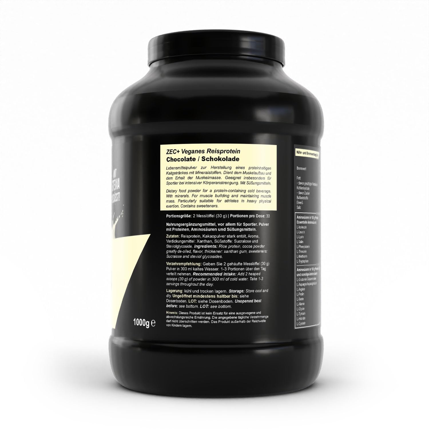 Zec+ Nutrition Reisprotein Eiweißpulver – 1000 g, Geschmack Schoko │ veganes Proteinpulver für rein pflanzliche Proteinversorgung
