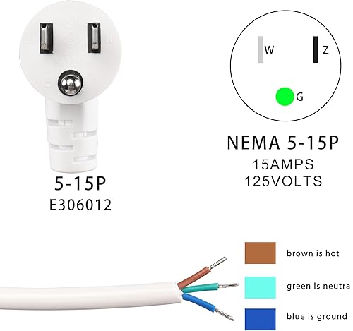 Miniatura 5 de GELRHONR Cable de alimentación de repuesto macho NEMA5-15P de 6.5 pies retráctil de 90 grados, ángulo descendente, 18 AWG 15 amperios máx. 110 V,