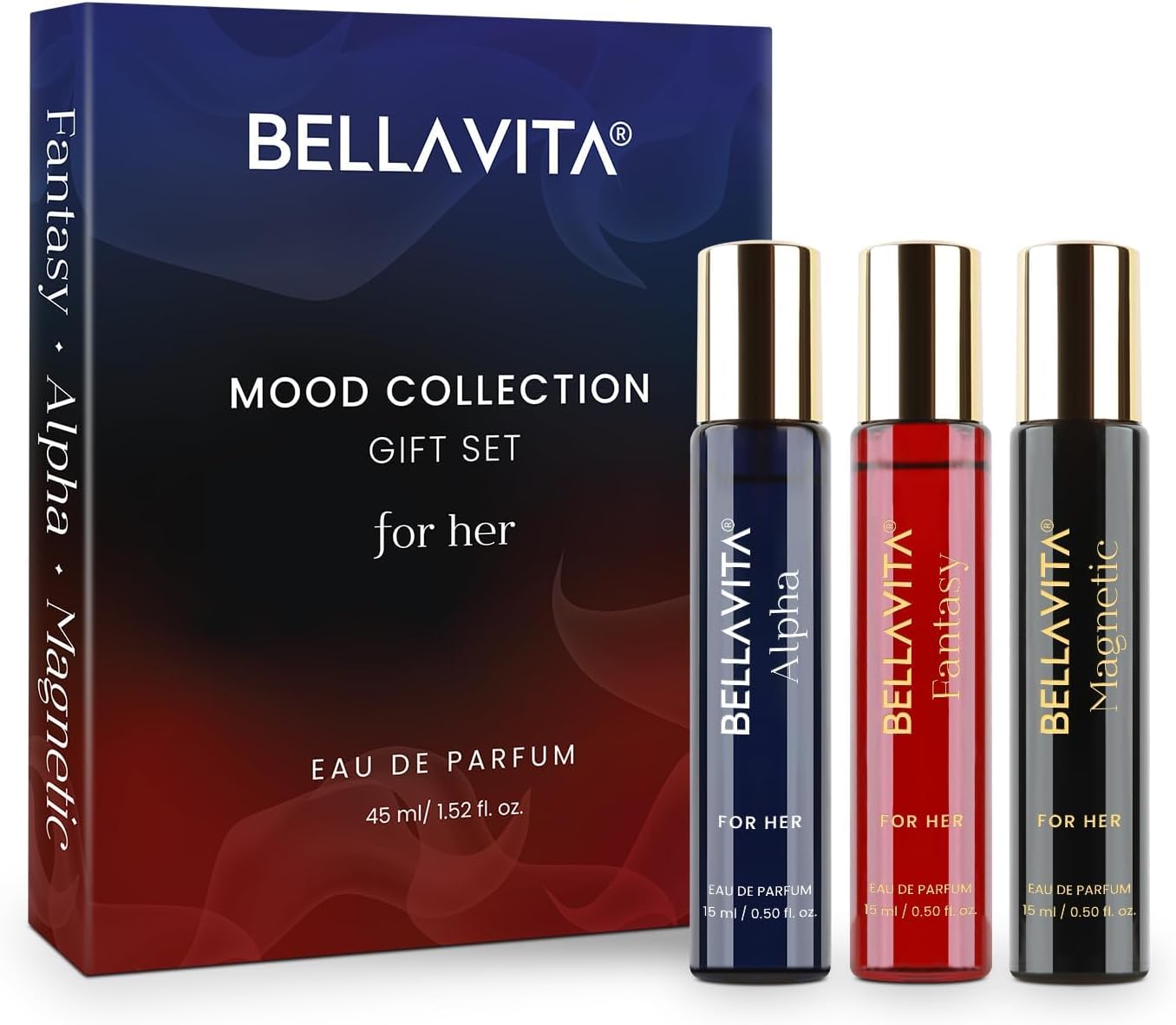 BELLAVITA Luxury Mood Collection Gift Set 3x15ML | Long Lasting EDP Perfume for Women | Alpha, Fantasy & Magnetic | Pink Pepper, Jasmine and Moss | Fruity, Floral Premium Fragrance for Woman