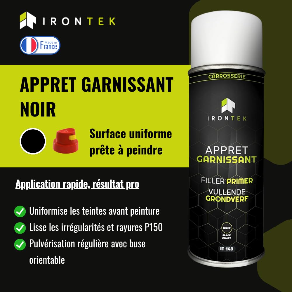 Apprêt Garnissant Carrosserie Noir 500ml - IRONTEK | IT143 | Mono-Composant Sans Primaire | Séchage Rapide Ponçage Facile | Auto & Moto | Formule Professionnelle
