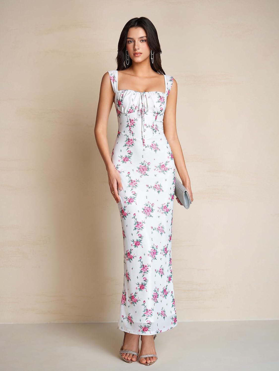 Colysmo Off Shoulder Floral Maxi Elegant Wedding Guest Dresses for Women | Stretchy Mesh Bodycon Dress, Lace-Up Front, 3 Waist Trim Strips, Long Formal, Cocktail, Baby Shower, Evening